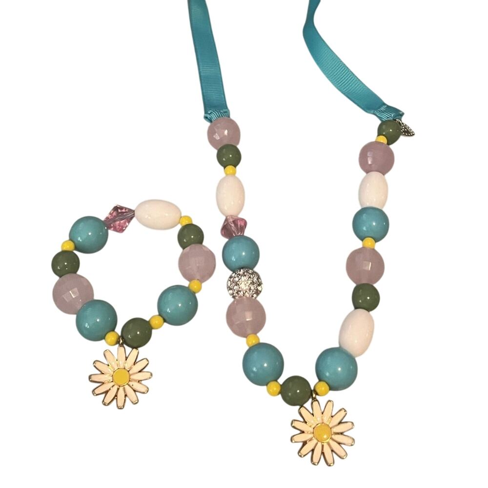 Vtg Stella & Dot Blue Pink Green & White Beaded Necklace & Bracelet W/ Daisy
